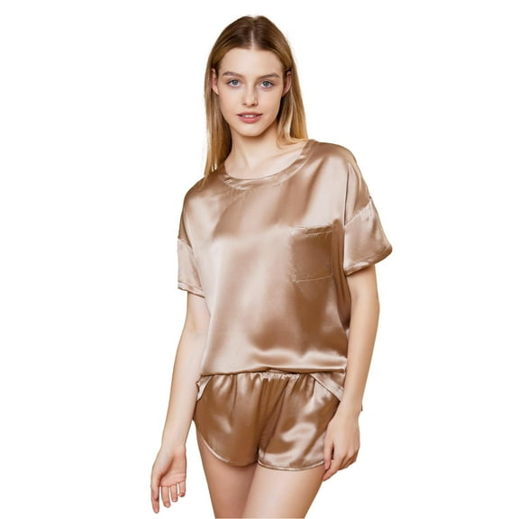 THXSILK Silk Pajama Set for Women, 100% Pure Mulberry Silk, Short Sleeve Tops & Pajama Pant Set, Two-Piece Sleepwear Pj Set, Khaki, M