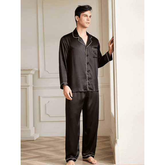 THXSILK Silk Pajamas for Men, 2 pcs Long Pajamas Set, Natural 19 Momme Mulberry Silk, Soft& Lightweight, Black, L