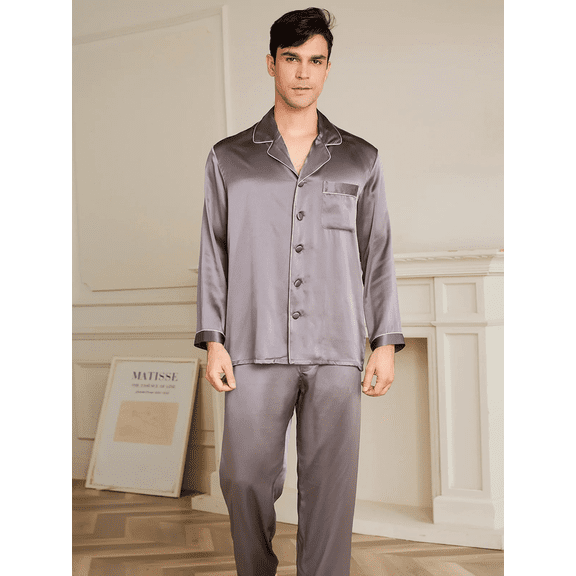 THXSILK Silk Pajamas for Men, 2 pcs Long Pajamas Set, Natural 19 Momme Mulberry Silk, Soft& Lightweight, Gray, XXXL