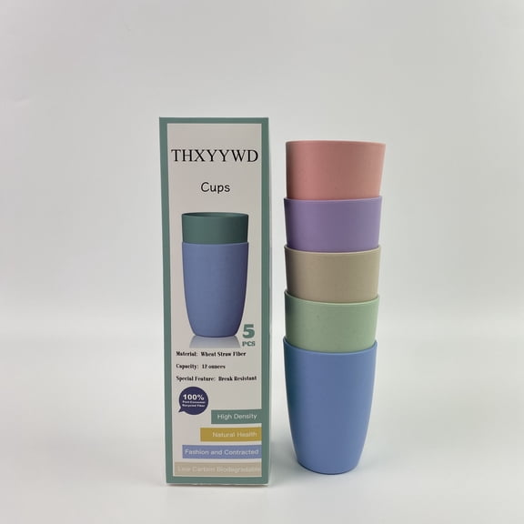 THXYYWD Cups,Wheat Straw Cups 5 PCS Good Alternative to Plastic Reusable Cups 12 oz Unbreakable Drinking Cup Reusable Dishwasher Safe Water Plastic Glasses