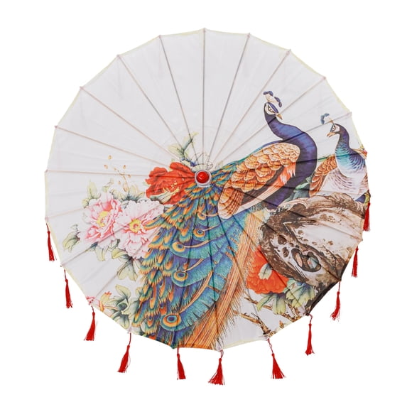 THY COLLECTIBLES Classic Chinese Art Asian Style 33" Silk Parasol Umbrella with Tassels for Wedding Parties, Photography, Costumes, Cosplay, Decoration And Other Events (White with Peacock)