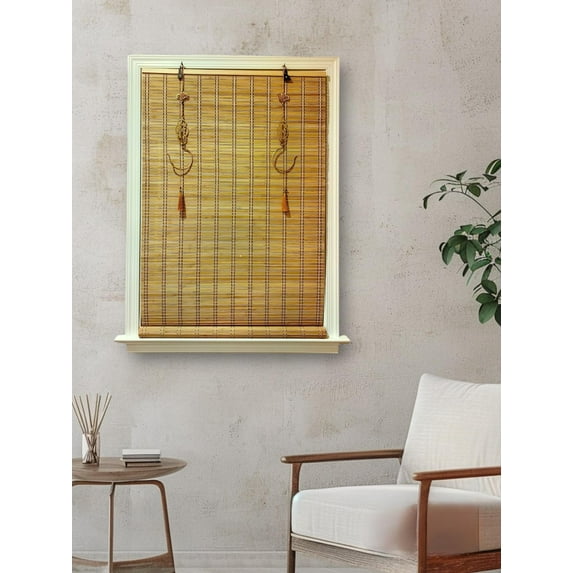 THY COLLECTIBLES Cordless Bamboo Window Blind Sun Shade, Light Filtering Roller Shades with Oriental Themed Decorative Brass Hooks Bamboo Natural, W30 X H72