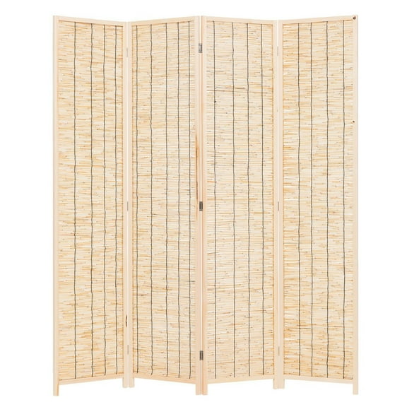 THY COLLECTIBLES Decorative Freestanding Wood Frame Reed Woven 4 Panels Hinged Semi Privacy Panel Screen Portable Folding Room Divider (Natural Color)