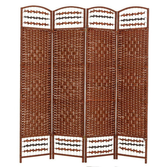THY COLLECTIBLES Decorative Freestanding Woven Bamboo 4 Panels Hinged Privacy Panel Screen Portable Folding Room Divider (Darkmocha) (Red Orange)