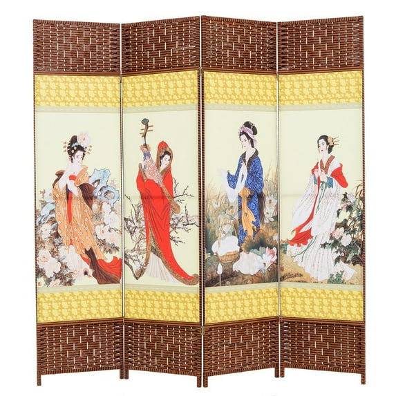 THY COLLECTIBLES Decorative Freestanding Woven Bamboo & Canvas Print 4 Panels Hinged Panel Screen Portable Folding Room Divider (Four Beauties)