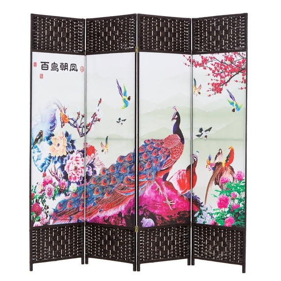 THY COLLECTIBLES Decorative Freestanding Woven Bamboo & Canvas Print 4 Panels Hinged Panel Screen Portable Folding Room Divider (Peacocks)