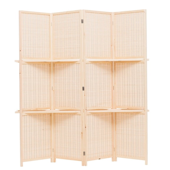 THY COLLECTIBLES Freestanding Wood Frame Woven Bamboo 4 Panels Hinged Privacy Panel Screen Partition Wall With 2 Display Shelves Holding Room Divider With Shelves-Bamboo (Beige)