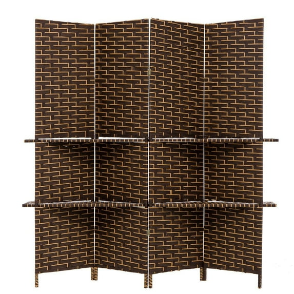 THY COLLECTIBLES Freestanding Woven Bamboo 4 Panels Hinged Privacy Panel Screen Partition Wall With 2 Display Shelves Holding Room Divider With Shelves-Bamboo (Coffeebrown)