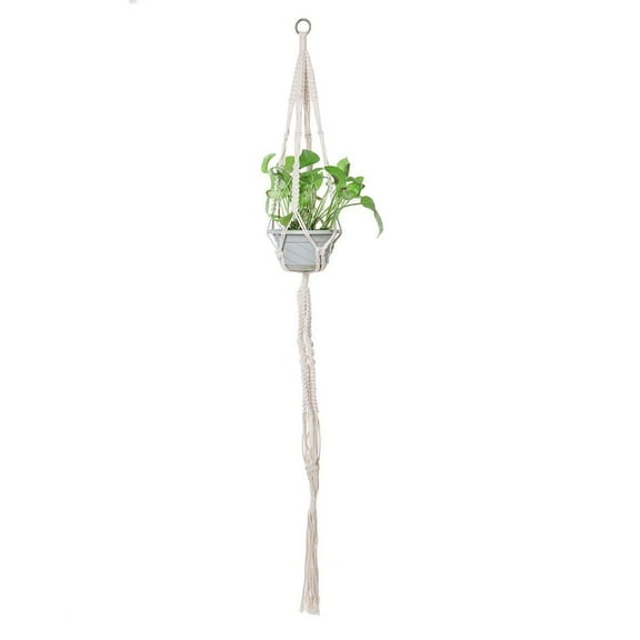 THY COLLECTIBLES Hand-Weaved Two-Tier Macrame Plant Hanger Indoor Outdoor Hanging Planter Basket Cotton Rope 4 Legs Beaded Creamy White (56" Length)