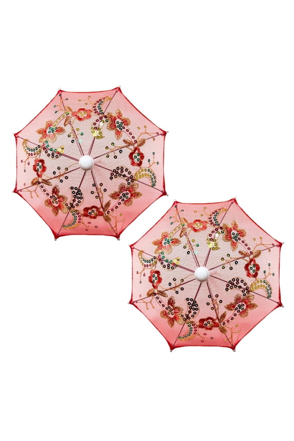 Pack of 2 Mini Lace Umbrella Parasols with Sequins - Delicate Dolls Size Decorative Small Umbrella for Weddings, Baby Showers, Parties and Events - 11.6 inch Diameter Red