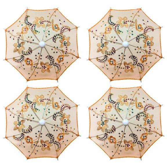 THY COLLECTIBLES Pack of 4 Mini Lace Umbrella Parasols with Sequins - Delicate Dolls Size Decorative Small Umbrella for Weddings, Baby Showers, Parties and Events - 11.6 inch Diameter Orange