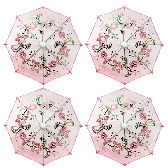 THY COLLECTIBLES Pack of 4 Mini Lace Umbrella Parasols with Sequins - Delicate Dolls Size Decorative Small Umbrella for Weddings, Baby Showers, Parties and Events - 11.6 inch Diameter Pink