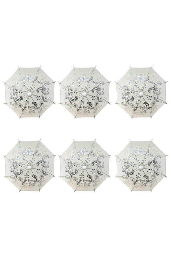 Pack of 6 Mini Lace Umbrella Parasols with Sequins - Delicate Dolls Size Decorative Small Umbrella for Weddings, Baby Showers, Parties and Events - 11.6 inch Diameter White