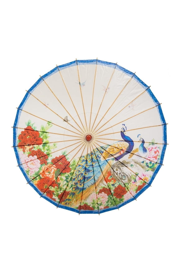Rainproof Handmade Chinese Oiled Paper Umbrella Parasol 33" Peacock & Peony