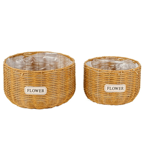 THY COLLECTIBLES Set of 2 Woven Wicker Planter Baskets with Plastic Lining, 2 Multipurpose Storage Baskets for Plants, Flowers, Toys Rustic Farmhouse Plant Pot Containers (Tan)