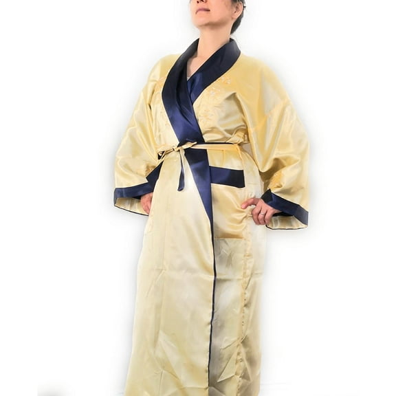 THY COLLECTIBLES Unisex Reversible Silk Satin Robe Kimono Relaxation Bathrobe Dragon Embroidered Night Gown (Gold, Asian XXL = US XL)