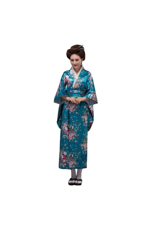 Women's Silk Traditional Japanese Kimono Robe/Bathrobe / Party Robe (Lake Blue)