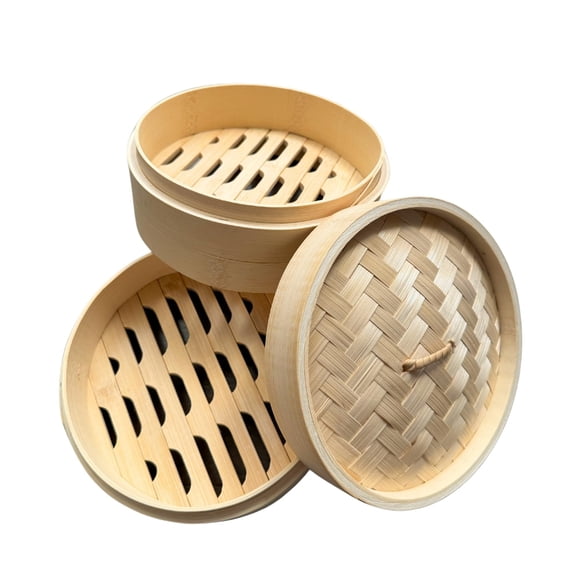 THY Collectibles 2-Tier Bamboo Steamer Basket Set Perfect for Dim Sum, Dumplings, Buns, Seafood & Rice Ideal for Asian Cooking Bamboo, 7-Inch