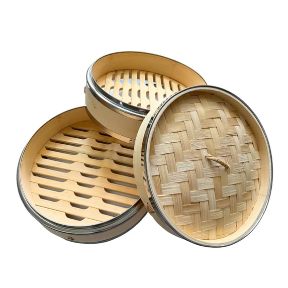 THY Collectibles 2-Tier Bamboo Steamer Basket Set with Stainless Steel Banding Perfect for Dim Sum, Dumplings, Buns, Seafood & Rice Ideal for Asian Cooking Natural, 8.25-Inch