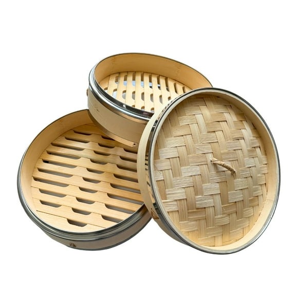 THY Collectibles 2-Tier Bamboo Steamer Basket Set with Stainless Steel Banding Perfect for Dim Sum, Dumplings, Buns, Seafood & Rice Ideal for Asian Cooking Natural, 8.25-Inch