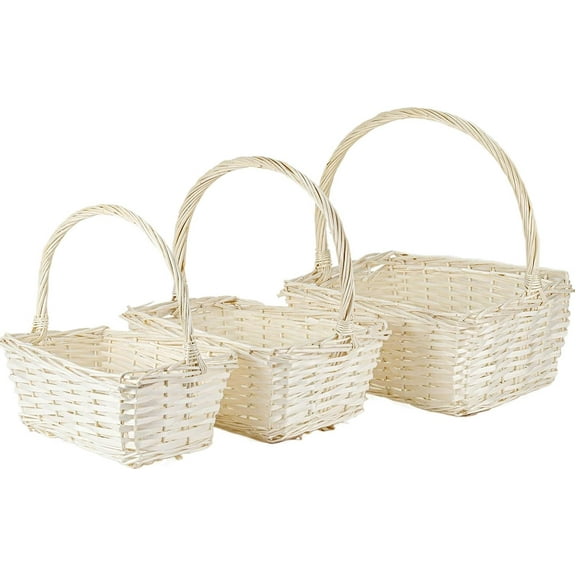 THY Collectibles Set of 3 Hand Woven Wicker Rattan Flower Baskets with Handle Light Harvest Baskets for Storage, Gift Baskets, Picnics, Easter Eggs, Organizing, Weddings, Markets, and More (Rectangle)
