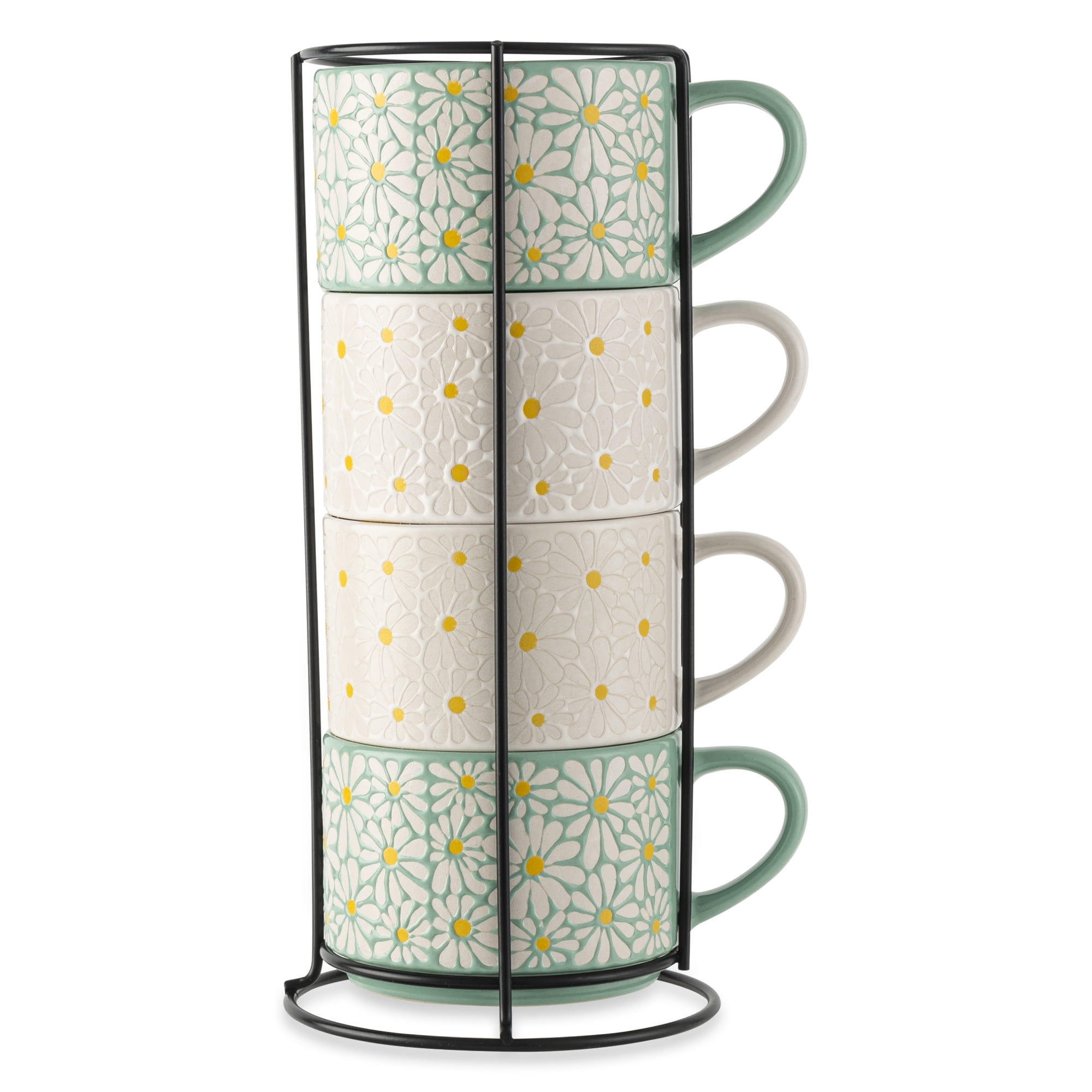 Thyme & Table White 4 Pack Stacking White and Green Floral Mugs 11.1 fl oz, Stoneware - Walmart.com