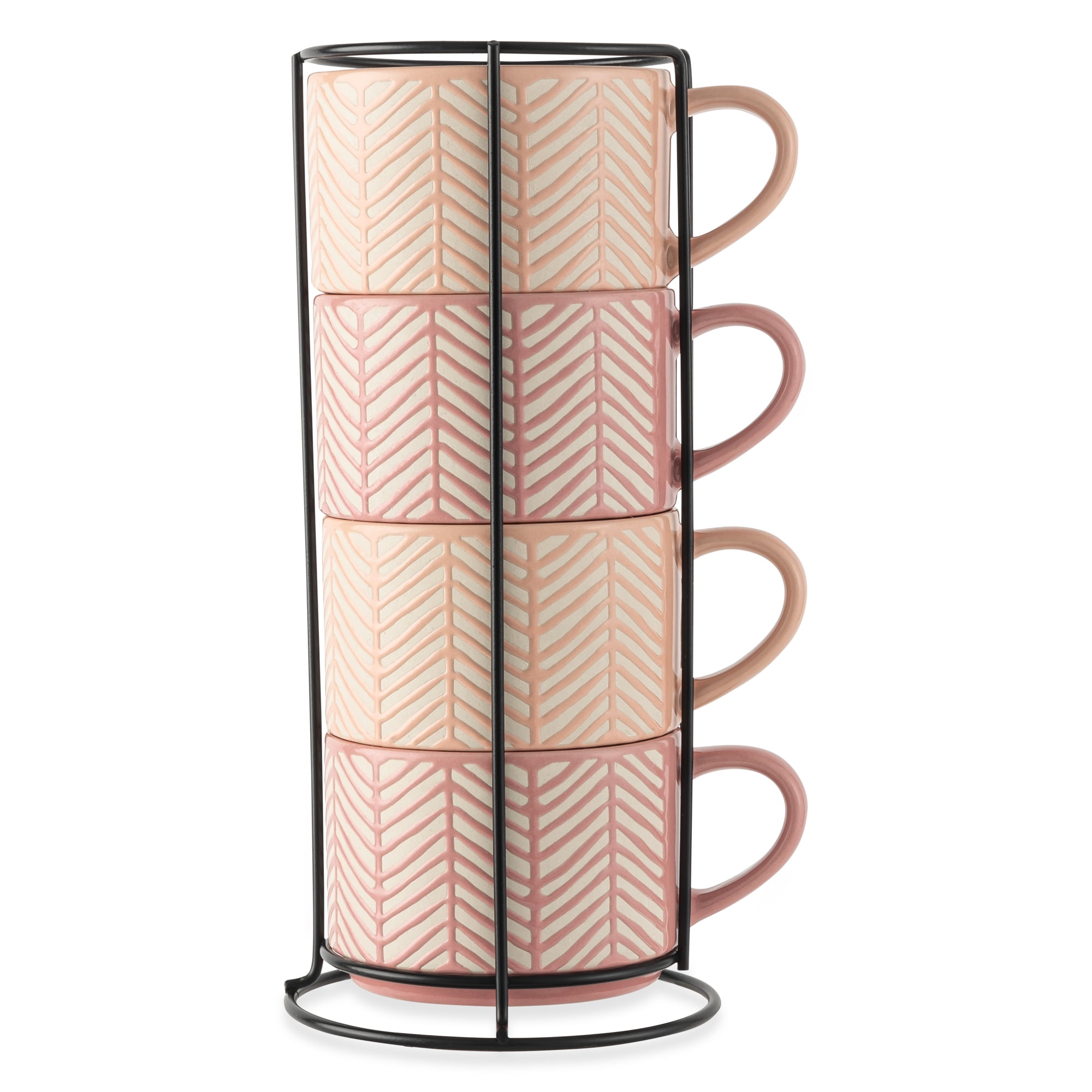 Thyme & Table 4 Pack Stacking Mugs, Pink and White Lines 11.1 fl oz, Stoneware