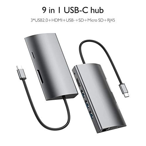 THYMOBO 9 in 1 USB C to USB Hub, USB Type C Adapter w. 3 USB 3.0 Ports, SD Micro SD, RJ45, Audio, USB C to HDMI & USB C Charging Port, Compatible w. MacBook Pro Nintendo Switch Type C Laptops - Grey