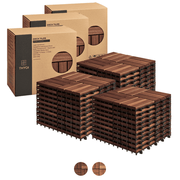 30 Pcs Premium Deck Tiles, Interlocking Deck Tile, Wooden Patio Flooring Outdoor Waterproof, Acacia Wood Decking All Weather for Balcony Indoor and Outdoor Use (Dark Brown, Round Joints)