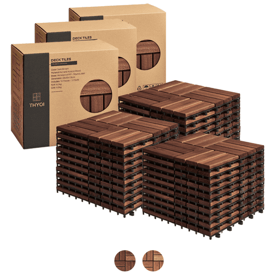 30 Pcs Premium Deck Tiles, Interlocking Deck Tile, Wooden Patio Flooring Outdoor Waterproof, Acacia Wood Decking All Weather for Balcony Indoor and Outdoor Use (Dark Brown, Round Joints)