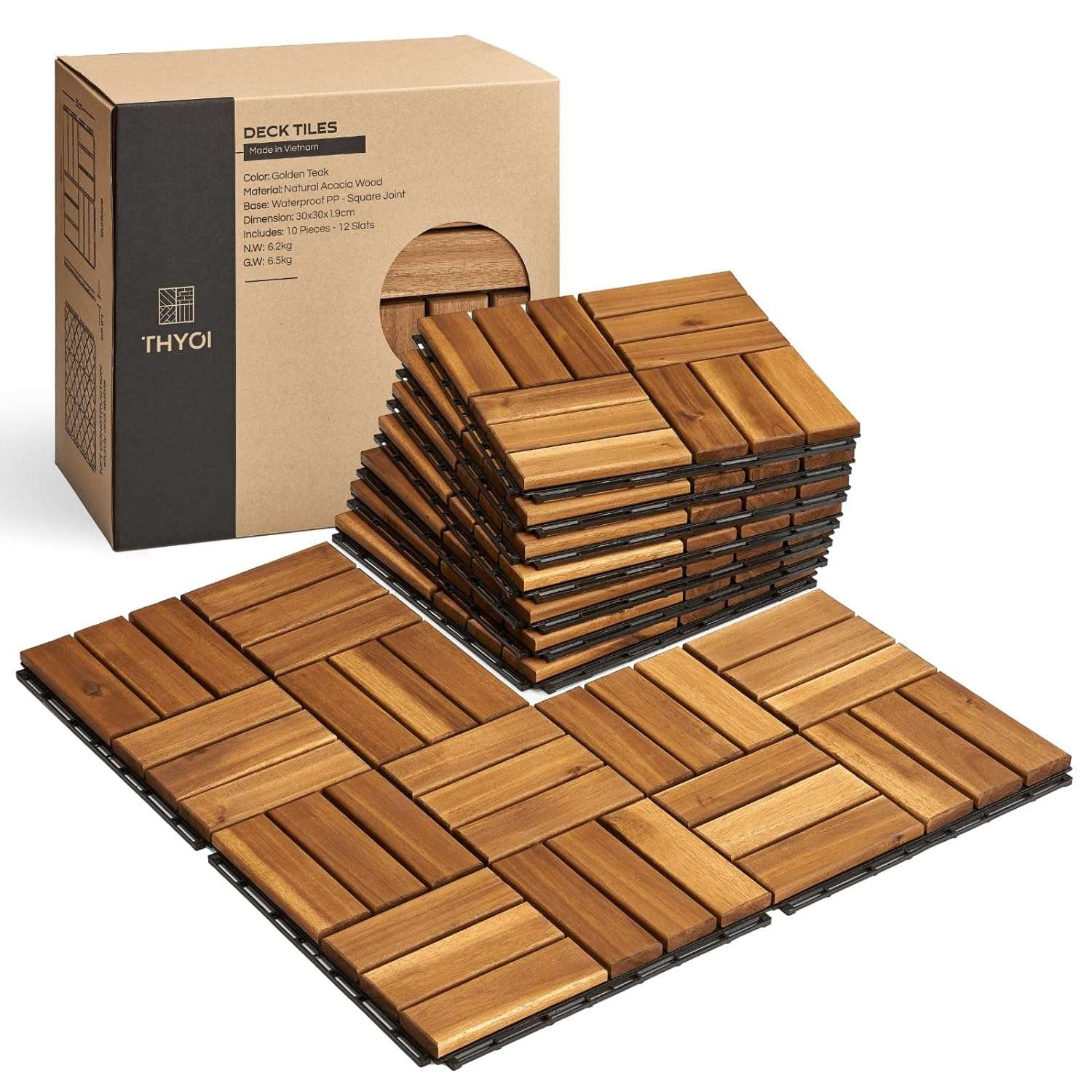 THYOI 10 Pcs Interlocking Deck Tiles 12" x 12", Patio Flooring Outdoor Waterproof, Acacia Wood