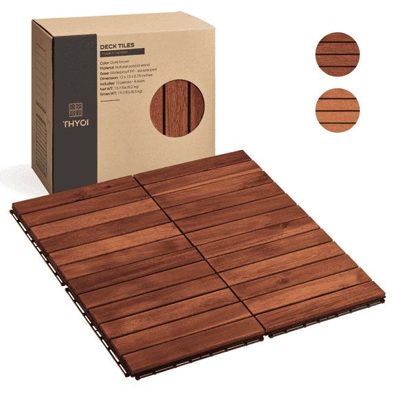 THYOI 10PCS 12"x12" 6 Slats Wood Deck Tiles, Interlocking, Water Resistant, Indoor/Outdoor (Square Joint, Dark Brown, Crossed-pattern base).