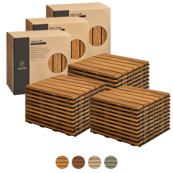30 Pcs Interlocking Deck Tiles, Waterproof Acacia Wood Patio Flooring for Balcony & Outdoor Use (Golden Teak)