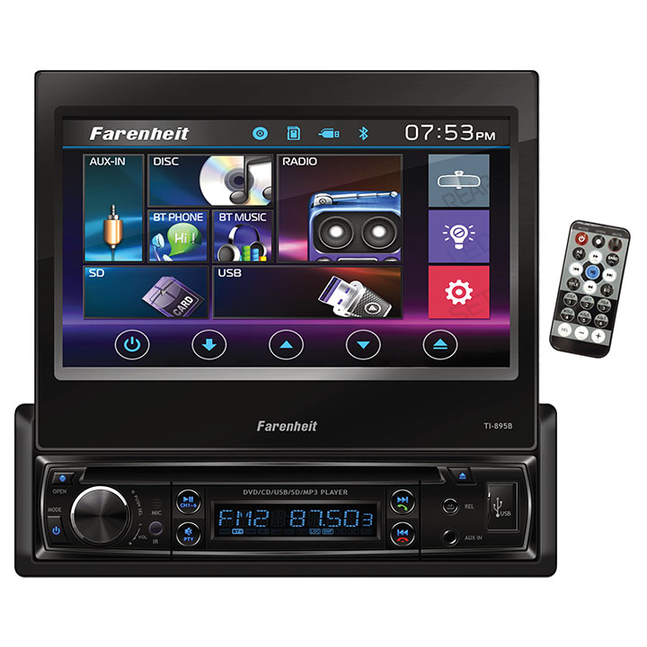 TI-895B - Farenheit In-Dash 1-DIN 7" Motorized Flip-Out LCD Touchscreen DVD/CD/USB Receiver with Bluetooth V3.0 - image 1 of 4