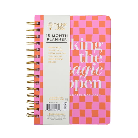 Think Ink 15 Month Weekly 5.75" x 8.25" Pink Checkered July 2026 - Sept 2027 Twin Wire Tabbed Planner