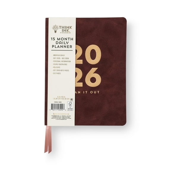 Think Ink 6" x 8" Burgundy 15-Month Daily Flex Planner with Gilded Edges