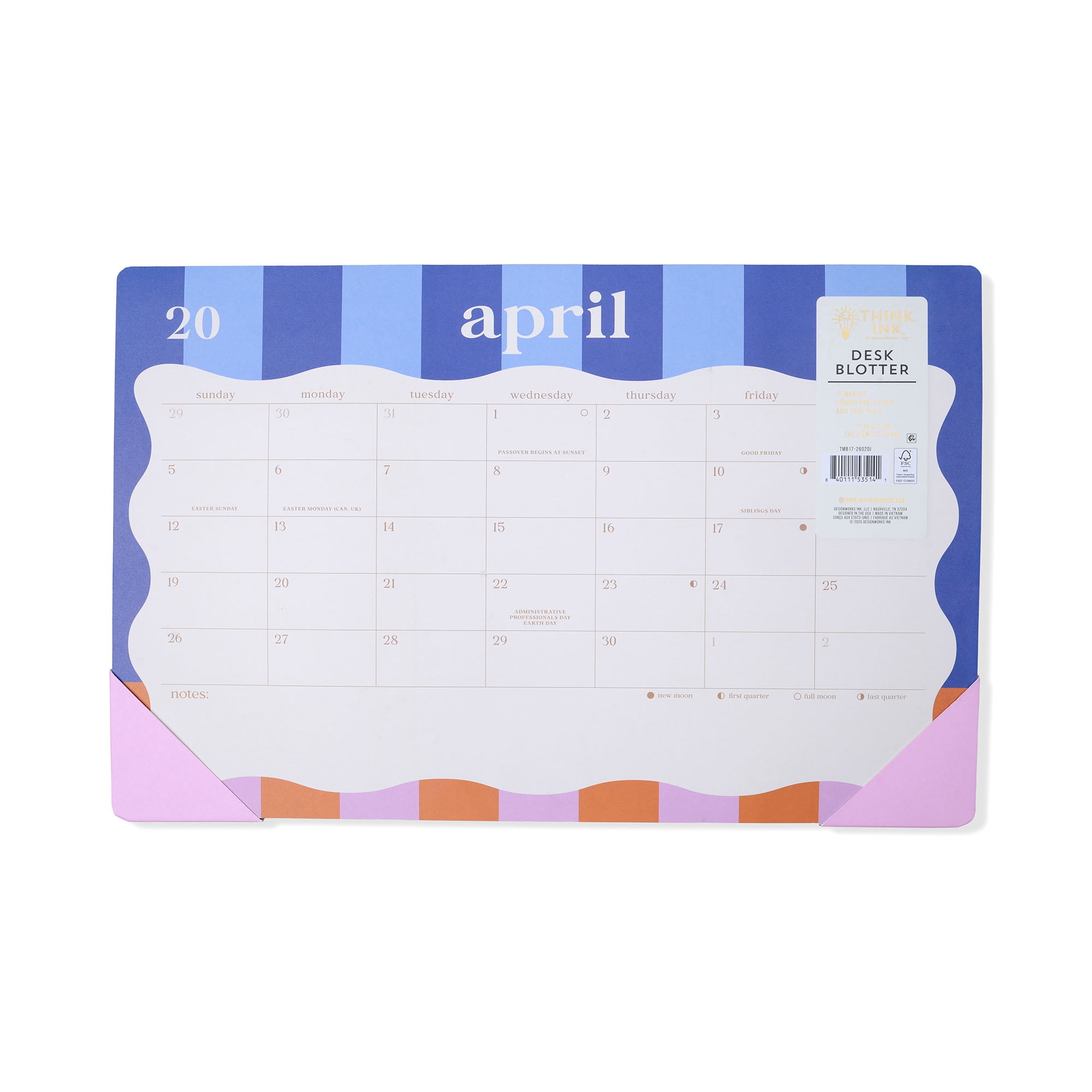 Think Ink 15 Month 17" x 11" Desk Blotter with Cabana Stripe Design, April 2026 - June 2027