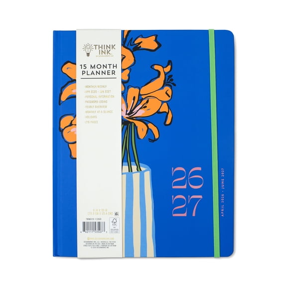 Think Ink Monthly Weekly 15 Month Blue Flower Vase April 2026 - June 2027 Planner