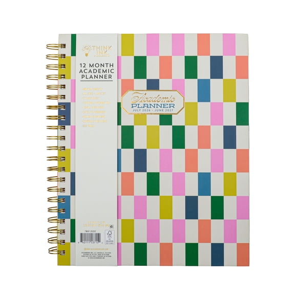 Think Ink 12 Month Weekly 9.2" x 11.2" Multi Checkered July 2026 - June 2027 Twin Wire Tabbed Planner