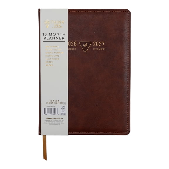 Think Ink 15 Month 6.25" x 8.75" Brown Leather Bound Planner with Padded Cover