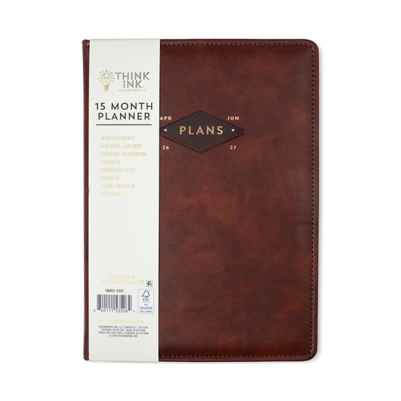 Think Ink 15-Month Weekly Leatherette Planner, 6.5 x 9, Brown, April 2026 - June 2027