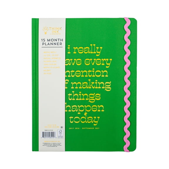 Think Ink 15-Month Weekly Green Intention 7.75" x 9.75" Hard Cover Planner, July 2026- September 2027