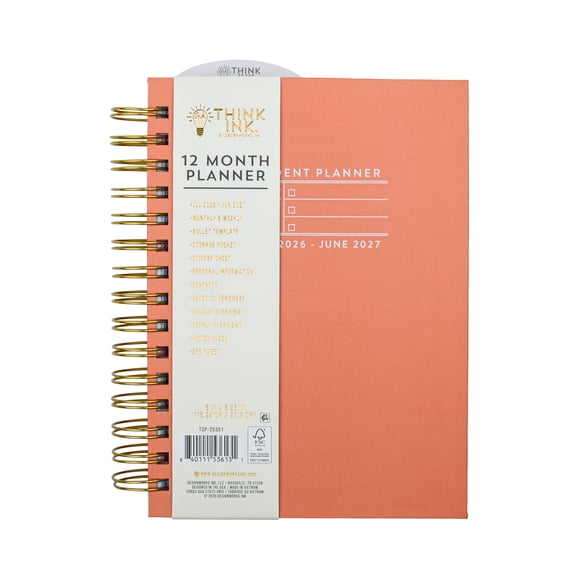 Think Ink 12-Month Coral Solid Student Planner, 6" x 8.25" Twin Wire