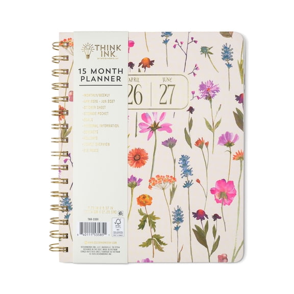 Think Ink 15 Month Weekly Planner  6.75" x 8.37" Cream Wildflower, Apr 2026 - Jun 2027