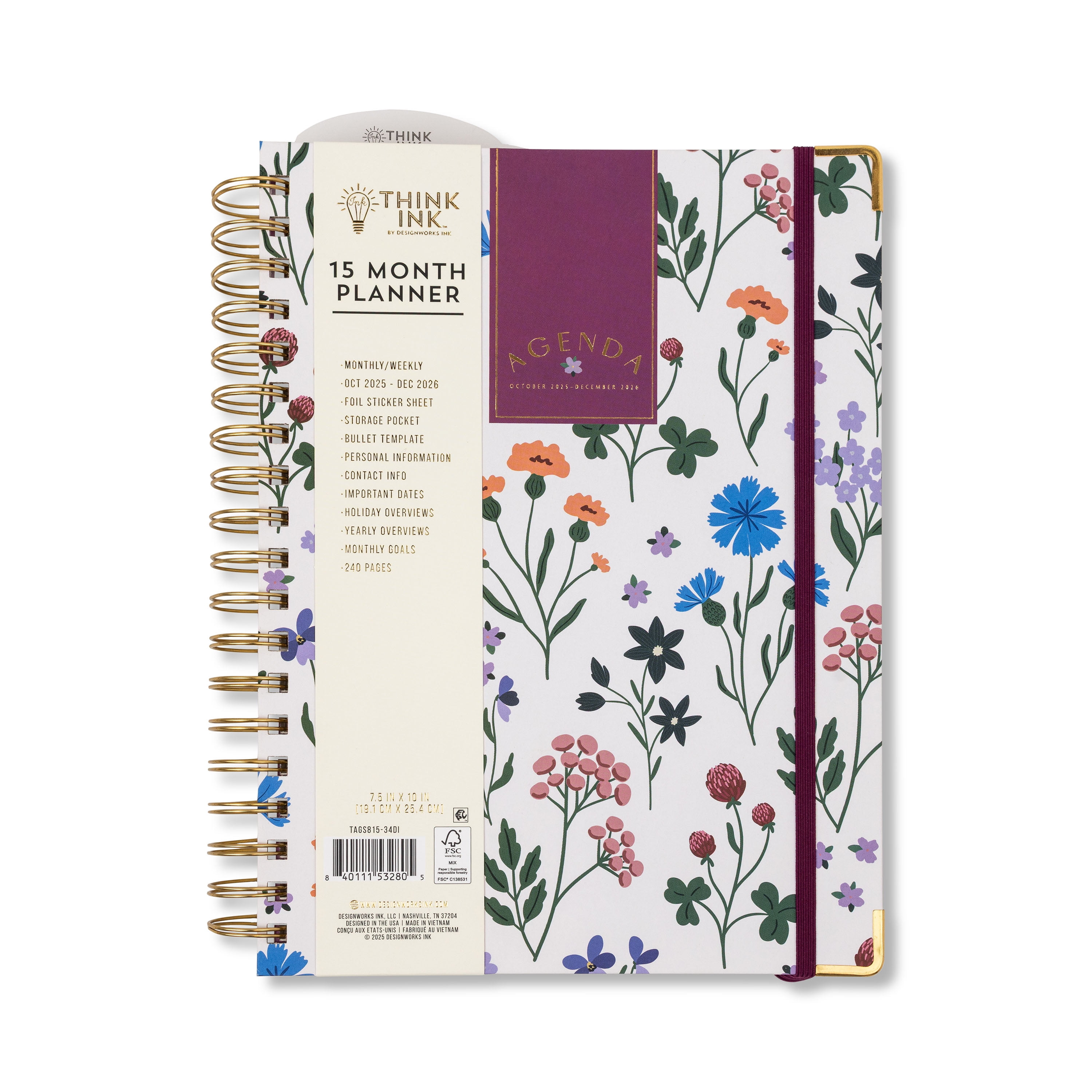 Think Ink Twin Wire 15 Month Wildflower Planner - 7.5” x 10