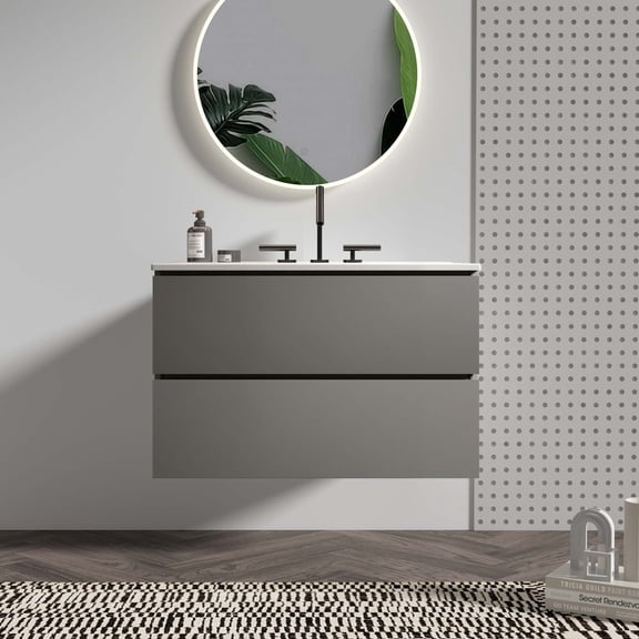 TIA 30" Wall Mount Space grey Bathroom Vanity with Ceramic Sink with Three Faucet Holes, Large Storage Floating Bathroom Vanity for Modern Bathroom, Pre-assembled