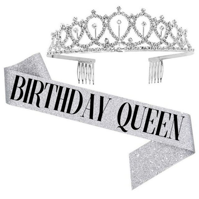 TIANBEN Sparkling Silver Birthday Girl Sash Tiara Crown Set for Women