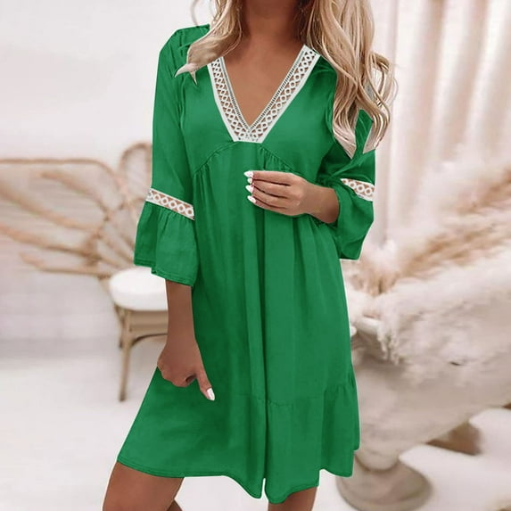 TIANEK Beach Dress for Women Short Bell Sleeve V-neck Solid Color Mini Party Dress Lace Short Junior Dresses