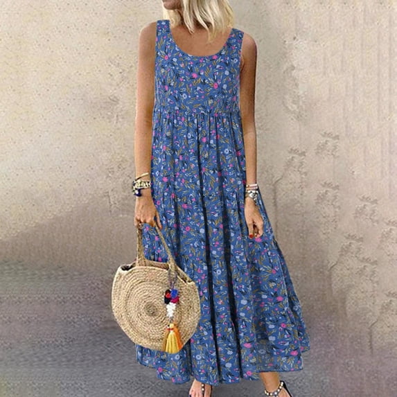TIANEK Boho Dress Female Sleeveless Tank Strap Casual Long Summer Sun Dress Maix 2023 Floral Beach Pleated Dress