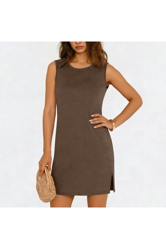 Womens Mini Dresses Party Tank Summer Sleeveless Womens Sundresses Knee High Casual Crew Neck Side Split Solid Dresses